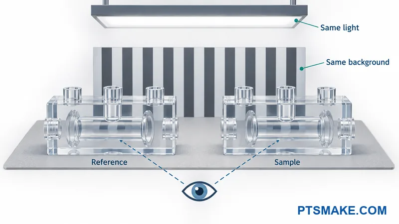 A repeatable visual comparison setup for a reference and a sample
