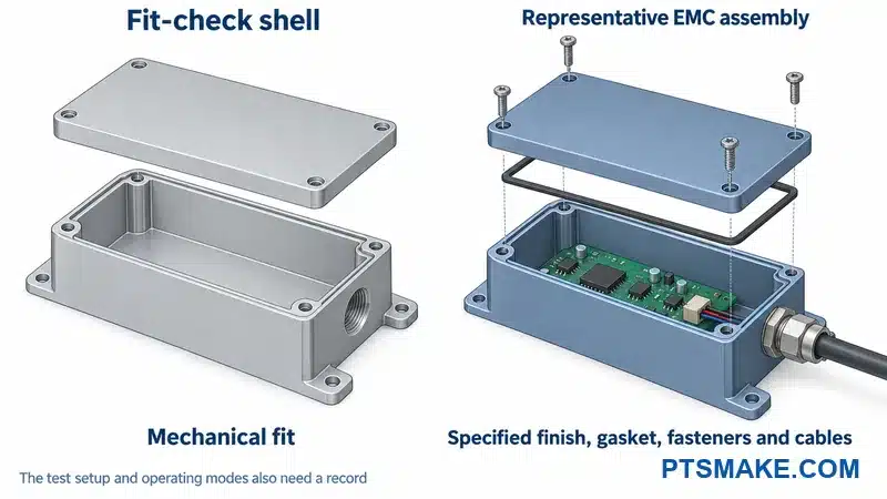 Fit-check shell compared with an enclosure assembly containing finish, gasket, fasteners and cable