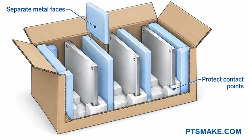 Cutaway packaging diagram showing separators between aluminum faces and cushioned contact points