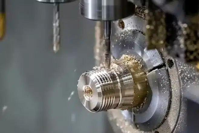 Metal shaft with annular grooves, a machined flat, a radial hole and an end opening