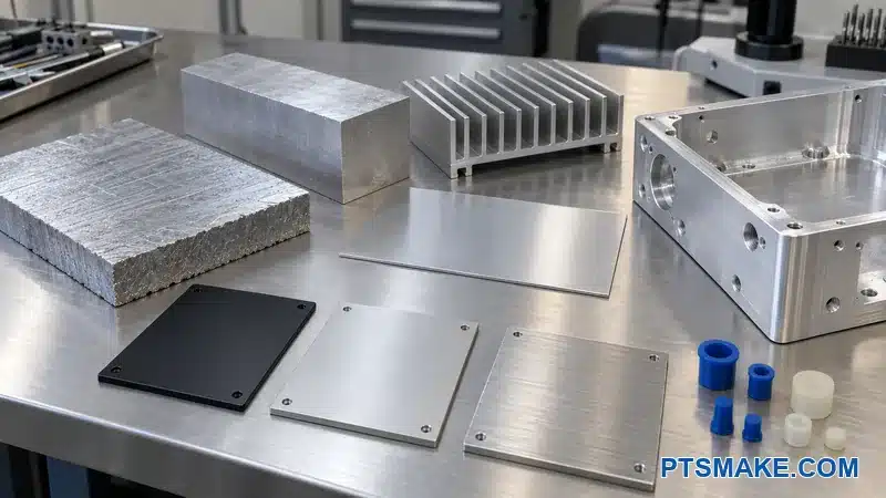 Aluminum plate, billet, extrusion, sheet, machined chassis, anodized samples, and masking plugs