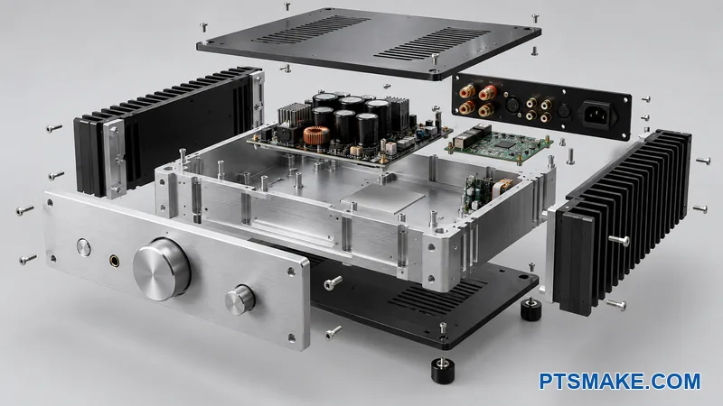 Exploded CNC-machined aluminum amplifier chassis with panels, heat sinks, circuit boards, controls, and fasteners