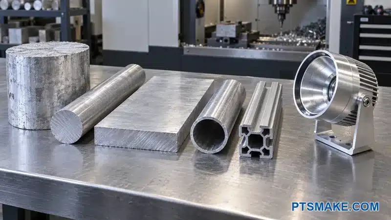 Aluminum billet, bar, plate, tube, and extrusion beside a machined spotlight housing