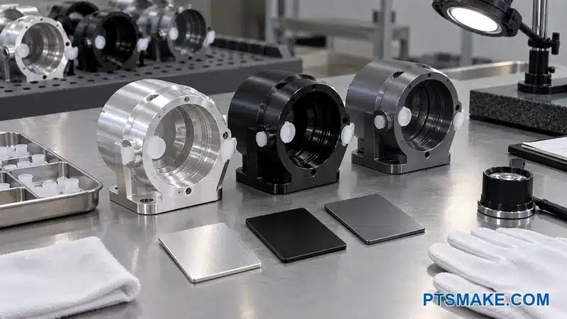 Natural, black, and gray anodized spotlight housings with masking plugs and finish samples
