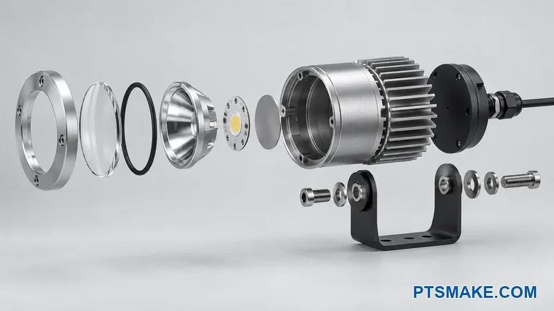 Exploded spotlight housing arranged for assembly and future service access