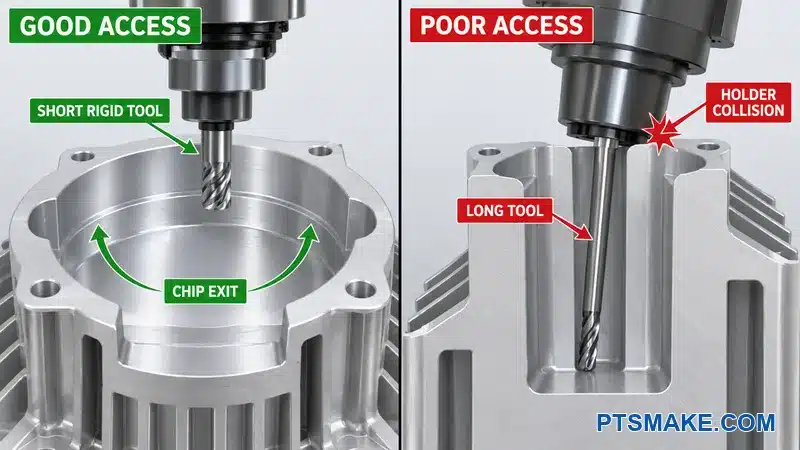 Annotated comparison of good cutter access and poor deep-cavity access in an aluminum spotlight housing