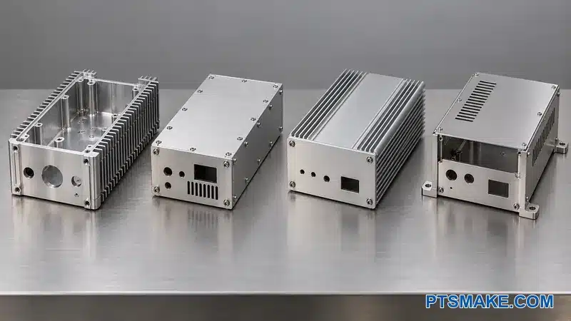 One-piece, multi-panel, extruded, and hybrid aluminum amplifier chassis architectures
