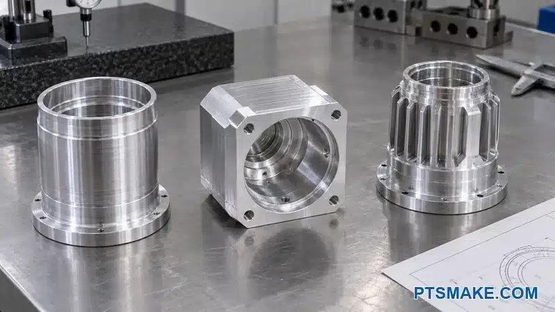 Round turned, prismatic milled, and mixed mill-turn aluminum spotlight housing forms