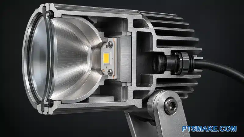 Cutaway of a spotlight housing showing functional features that should remain protected during cost reduction