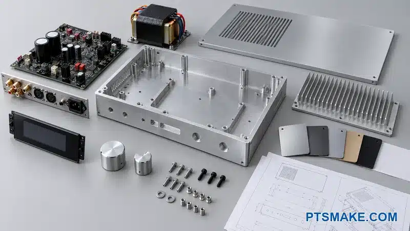 Amplifier chassis design inputs including electronics, connectors, controls, panels, hardware, and finish samples