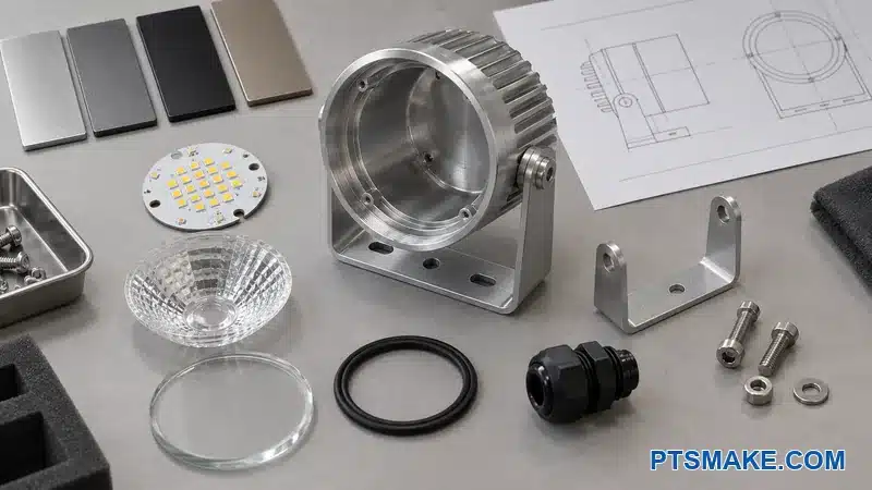 LED board, optic, lens, seal, cable gland, bracket, and finish samples used as spotlight housing design inputs