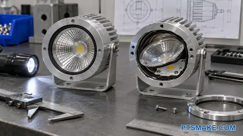 Comparison of correct and faulty spotlight housing assemblies with seal, optic, and board contact differences