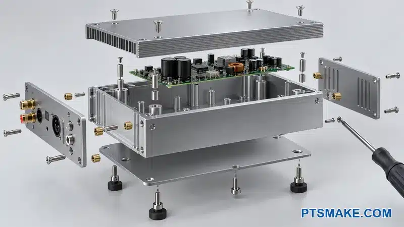 Exploded amplifier chassis with threaded bosses, inserts, panels, circuit board, screws, and driver access