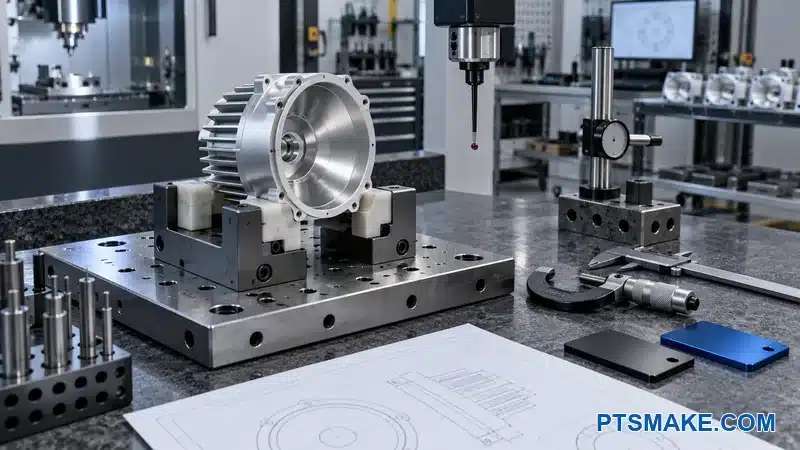 Spotlight housing first-batch inspection with a fixture, CMM probe, finish coupons, and drawing