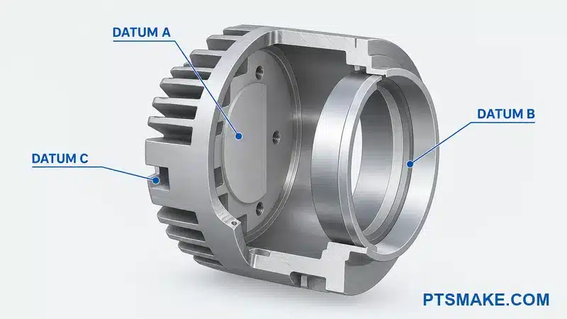 Annotated spotlight housing datum system with datum A on the LED seat, datum B on the optical pilot, and datum C on the clocking notch