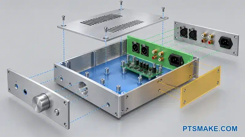 Three highlighted datum planes aligning amplifier chassis components and panel features