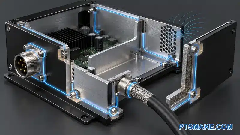 Grounding path across masked contacts, fasteners, connector shells, and panel joints in an amplifier chassis