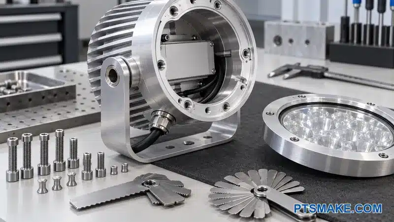 Spotlight housing threaded holes, counterbores, pivot bore, cable port, fasteners, and gauges