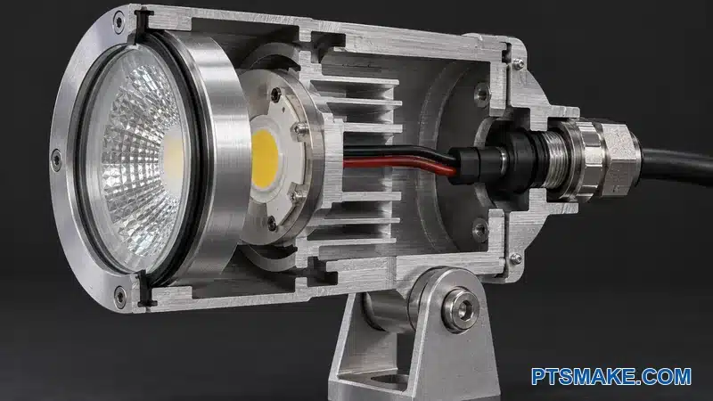 Cutaway spotlight housing showing optical, thermal, sealing, cable, and pivot interfaces