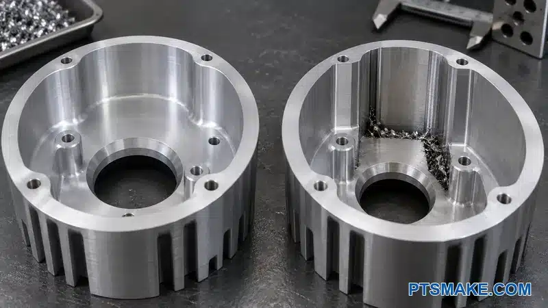 Accessible radiused cavity compared with a deep narrow cavity that traps machining chips