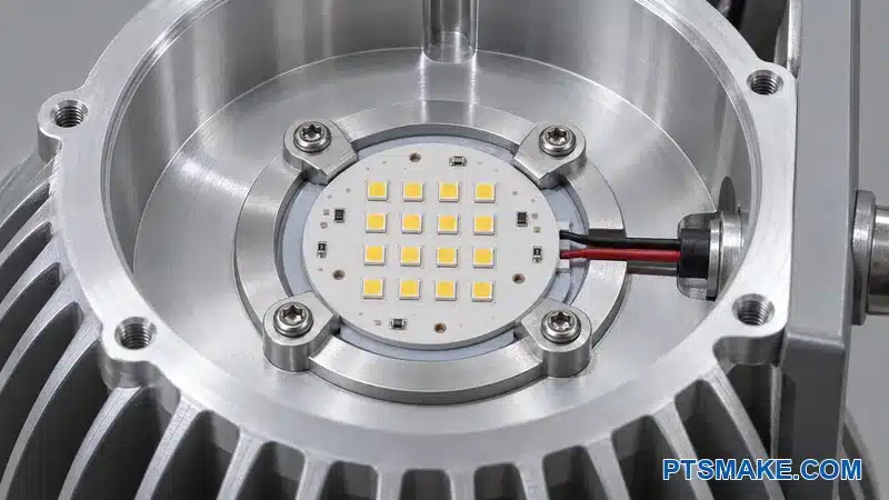 LED board held against a flat aluminum thermal land by an even four-screw clamp pattern