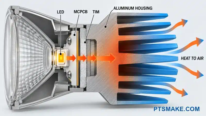 Annotated LED heat path through the MCPCB, thermal interface, aluminum housing, and cooling fins