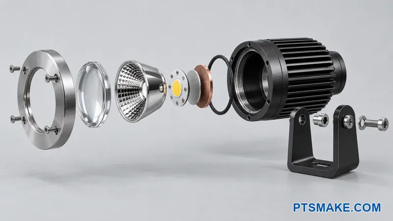 Exploded machined aluminum spotlight housing with lens, reflector, LED board, seal, heat sink, and bracket