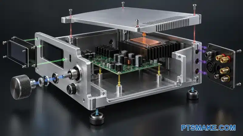 Cutaway amplifier chassis showing PCB, control, connector, lid, thermal, and mounting interfaces