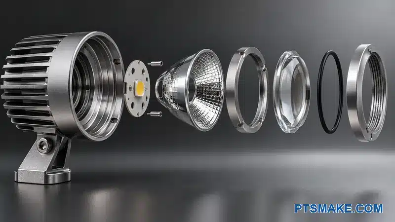 LED board, reflector, retaining ring, lens, gasket, and housing seats aligned on one optical axis
