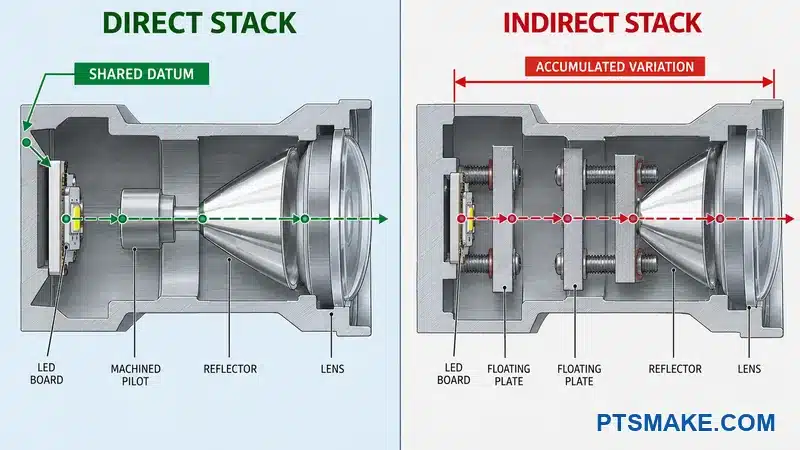 Annotated comparison of a short direct optical tolerance stack and a long indirect stack