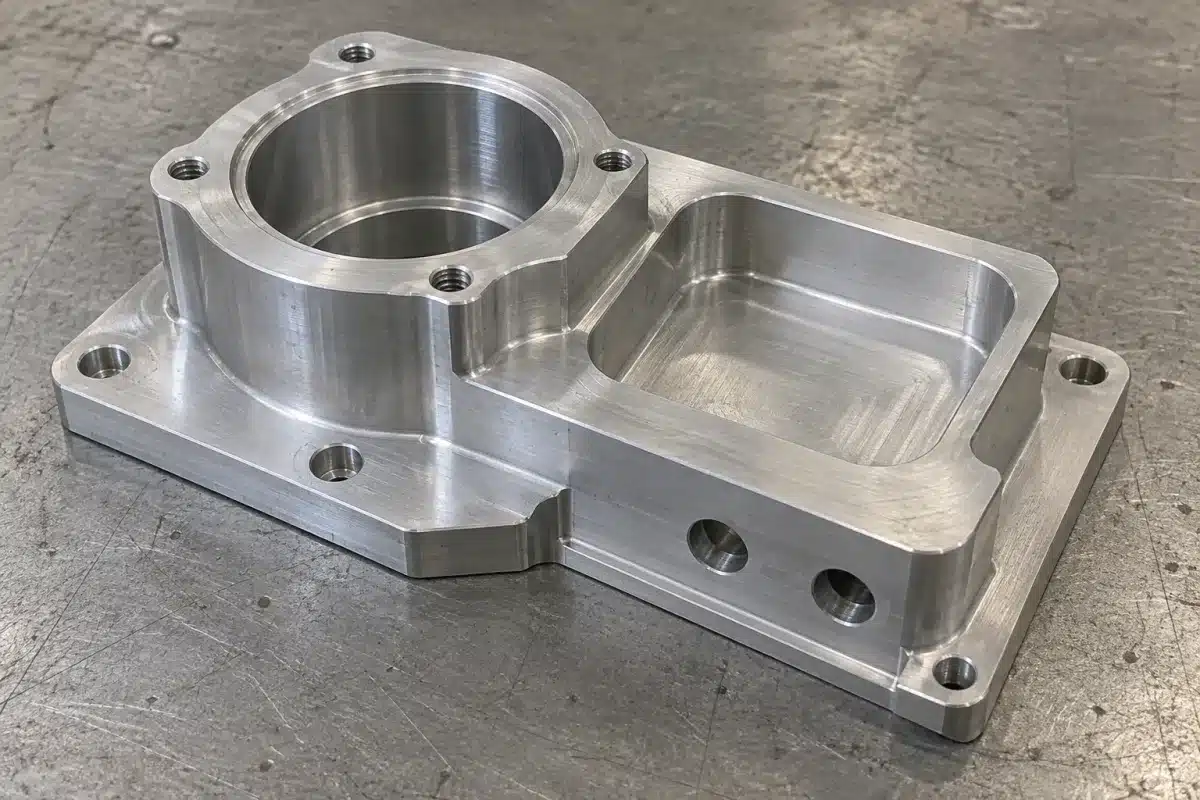 Stepped aluminum housing with a bearing seat, rounded pocket and counterbored mounting holes