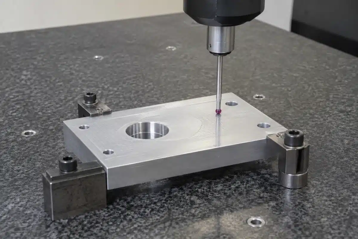CMM probe checking a clamped aluminum plate on a granite inspection table