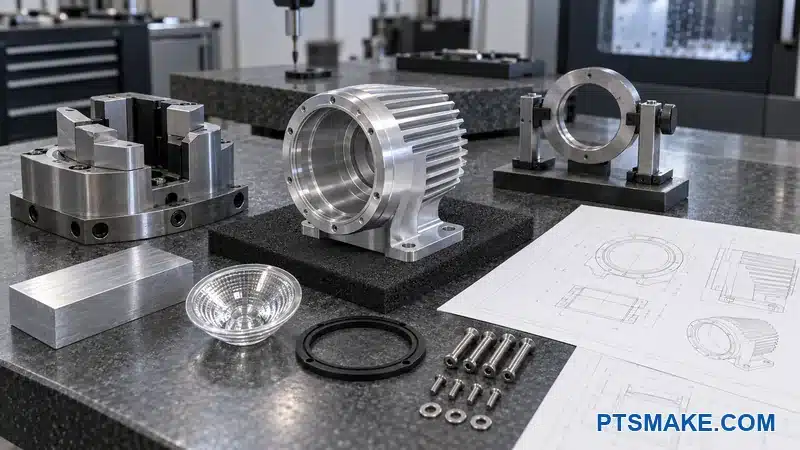 Complete quote package with spotlight housing, fixture, gauges, material, optic, seal, fasteners, and drawings