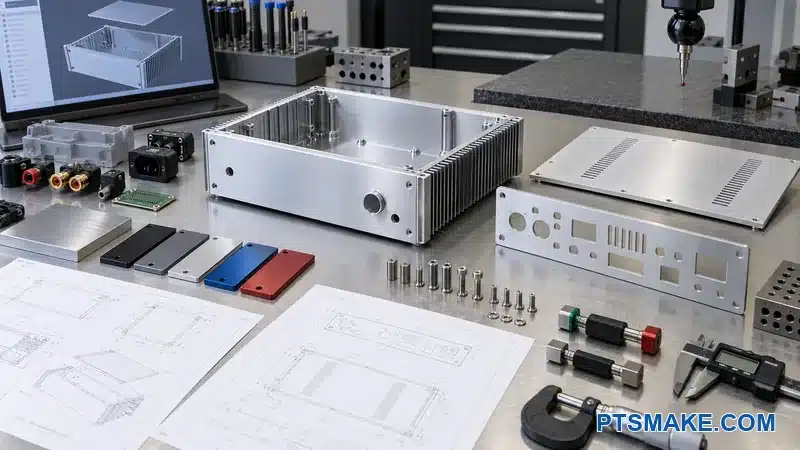 Amplifier chassis manufacturing package with panels, samples, components, hardware, gauges, and drawings