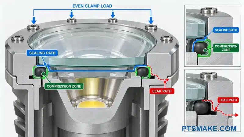 Annotated spotlight housing seal showing the compression zone, sealing path, possible leak path, and even clamp load