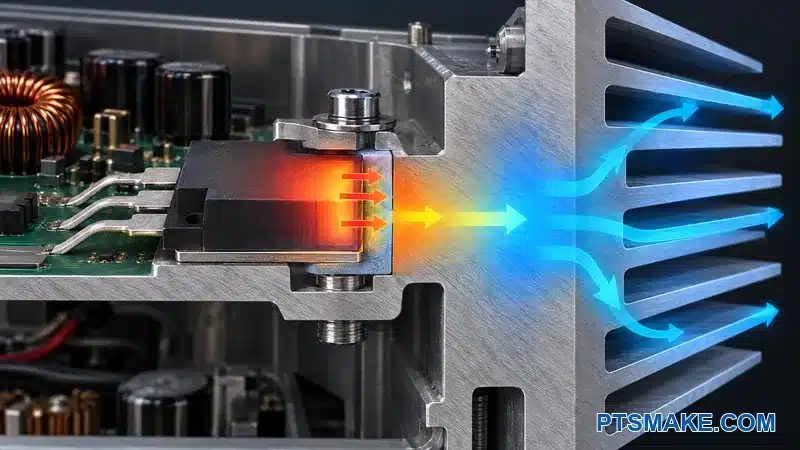 Heat path from an amplifier power device through a thermal interface into aluminum chassis fins