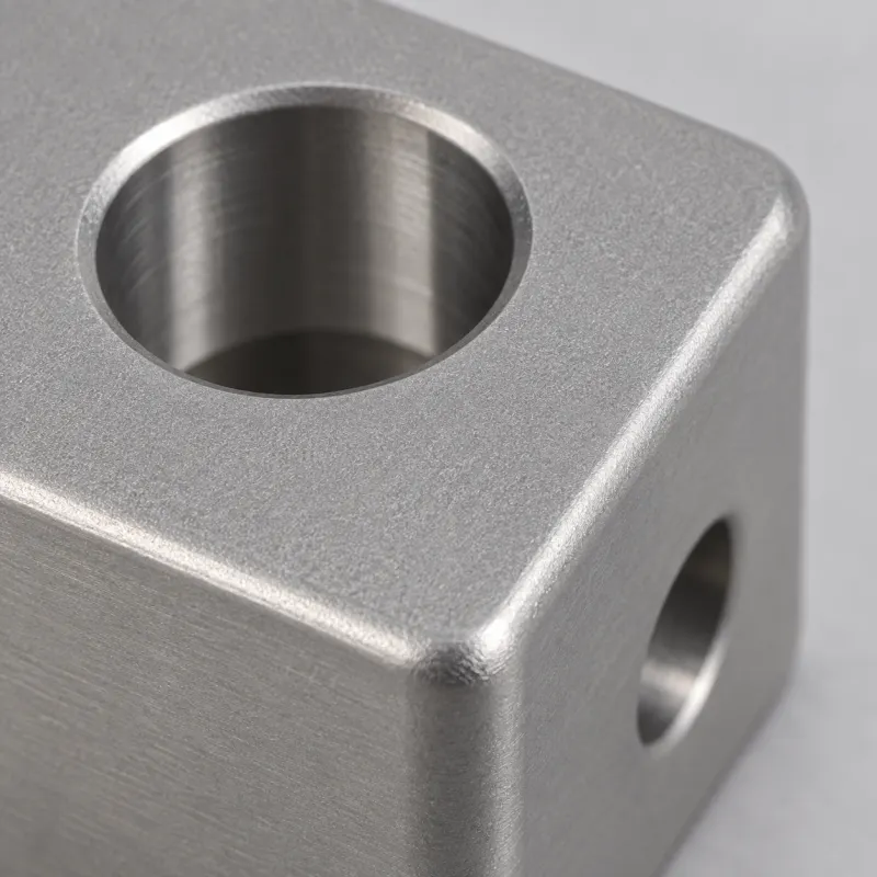 Close-up of a softly tumbled metal surface and deburred edge