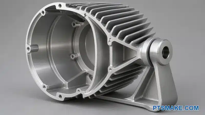 Machined aluminum spotlight housing with balanced walls, fins, ribs, and reinforced pivot boss