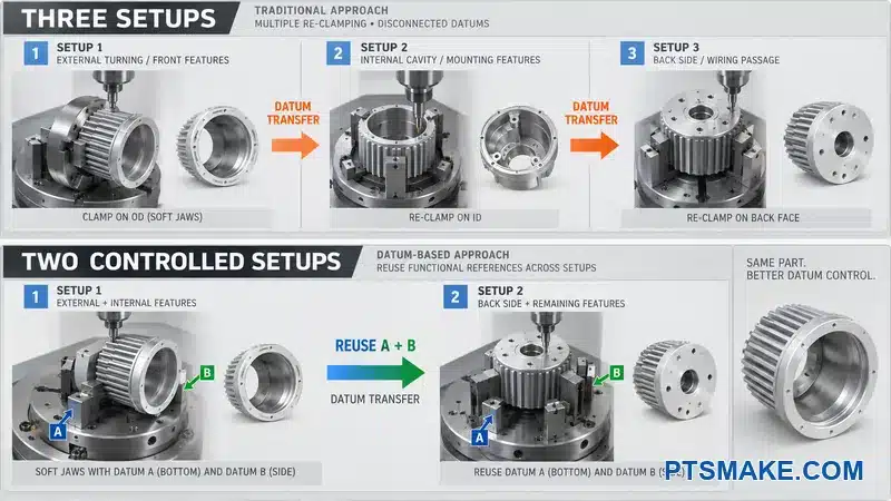 Annotated comparison of three re-clamped setups and two datum-controlled setups for a spotlight housing