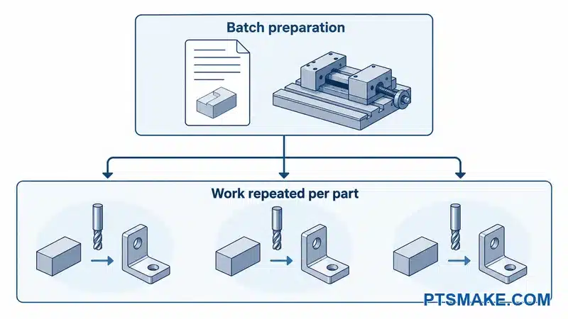 Shared batch preparation feeding repeated material and machining work for individual parts
