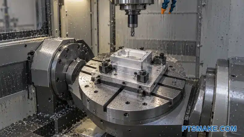 Aluminum workpiece secured on a rotary fixture with clear spindle access