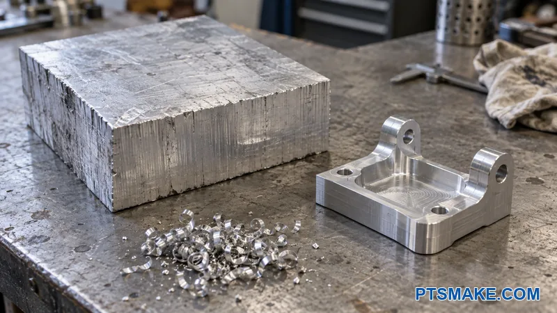 Saw-cut aluminum stock beside a smaller finished bracket and machining chips