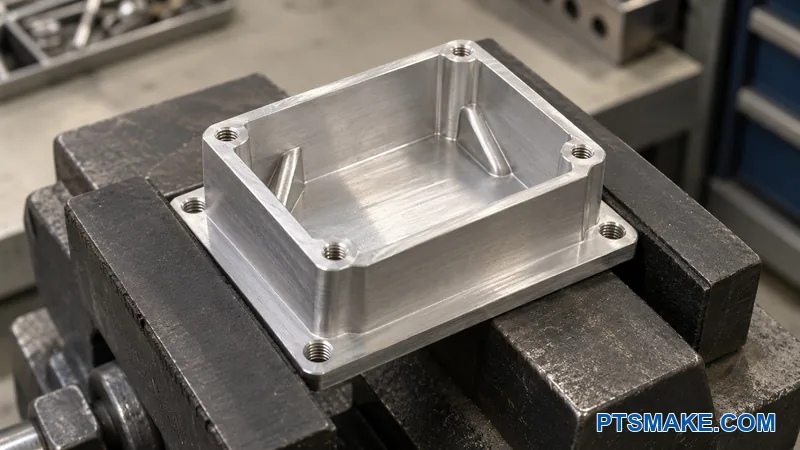 Ribbed aluminum housing held in a vise with threaded mounting holes