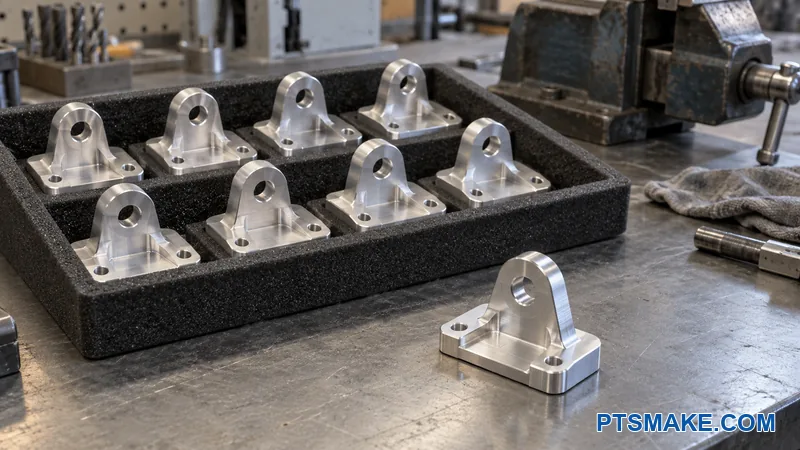 Matching machined brackets arranged in a protective batch tray