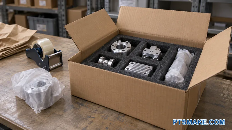 Generic machined parts protected in foam inside an unmarked shipping carton