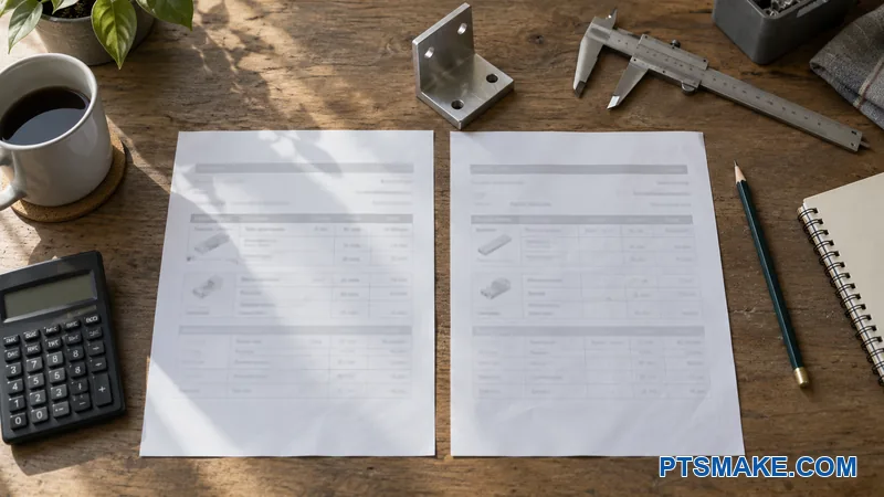 Generic part and measuring tools beside two unreadable comparison sheets