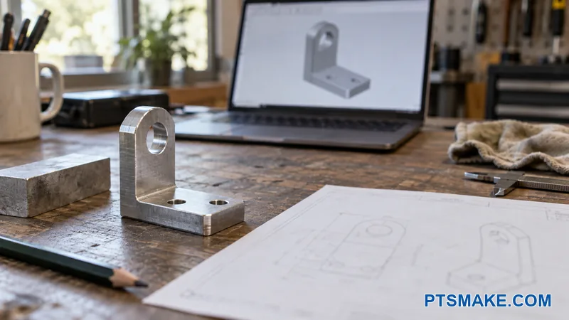 Generic bracket, material offcut, and unreadable design files on an engineering desk
