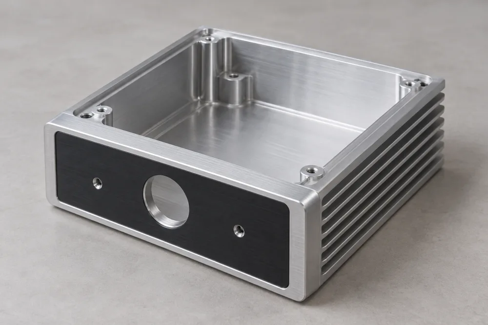 Machined aluminum amplifier housing with an open cavity, mounting bosses and cooling fins.