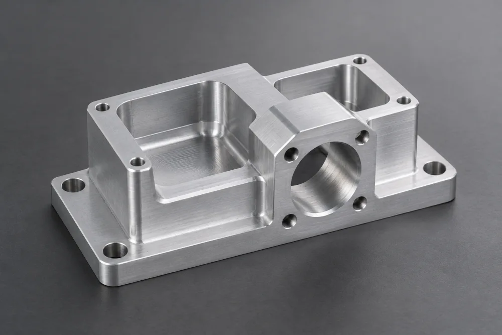 Silver aluminum mounting block with machined pockets, a central bore and mounting holes.