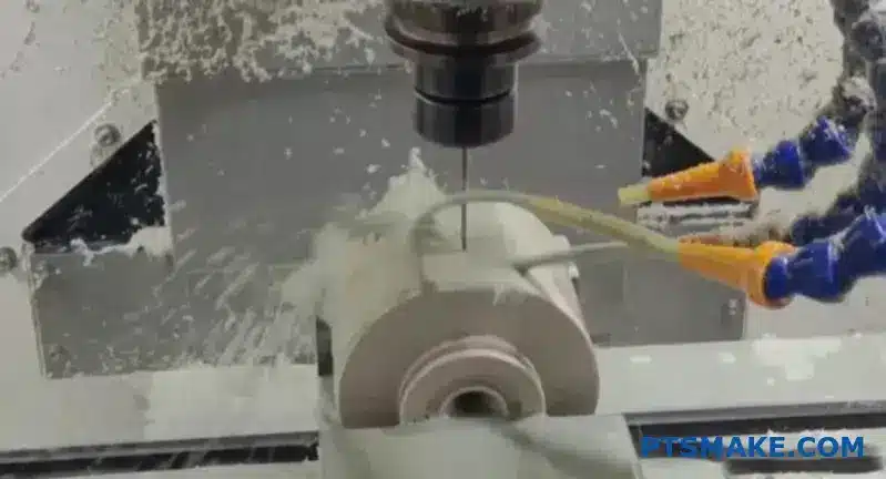 Cutting tool machining a white plastic component with coolant nozzles nearby